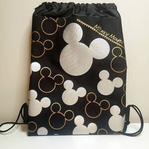 Disney Mickey‎ Mouse Head Silhouette Drawstring Bag Black Silver Gold Nylon